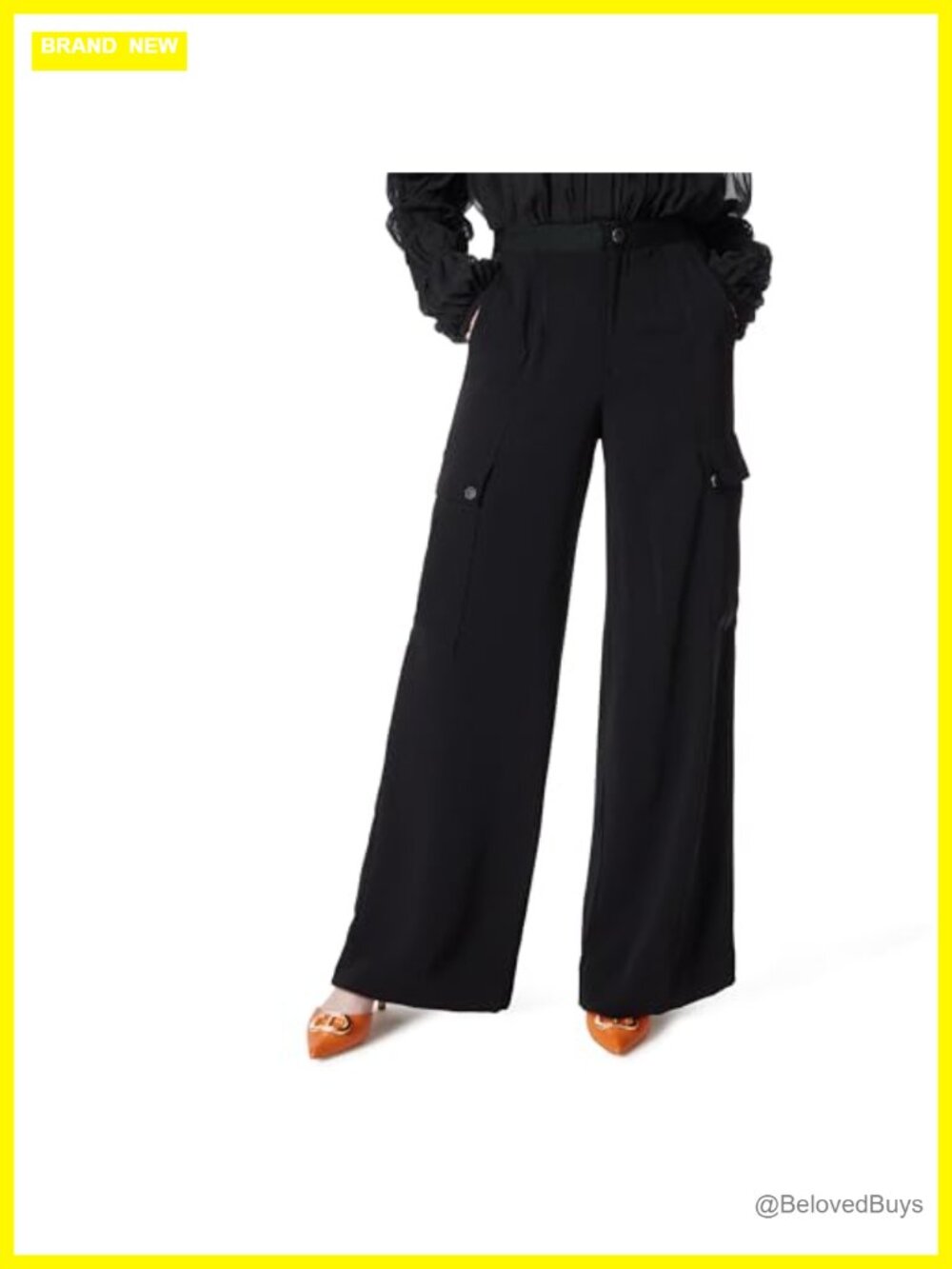 High Rise Wide Leg Cargo Dress Pants 6 Pockets Flat Front